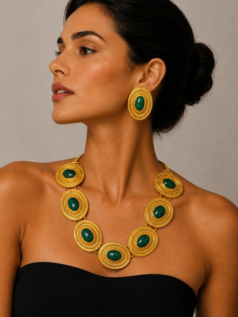 Vtg 1980s Runway Couture Peruvian Goldtone Green Etruscan Concho Jewelry Set